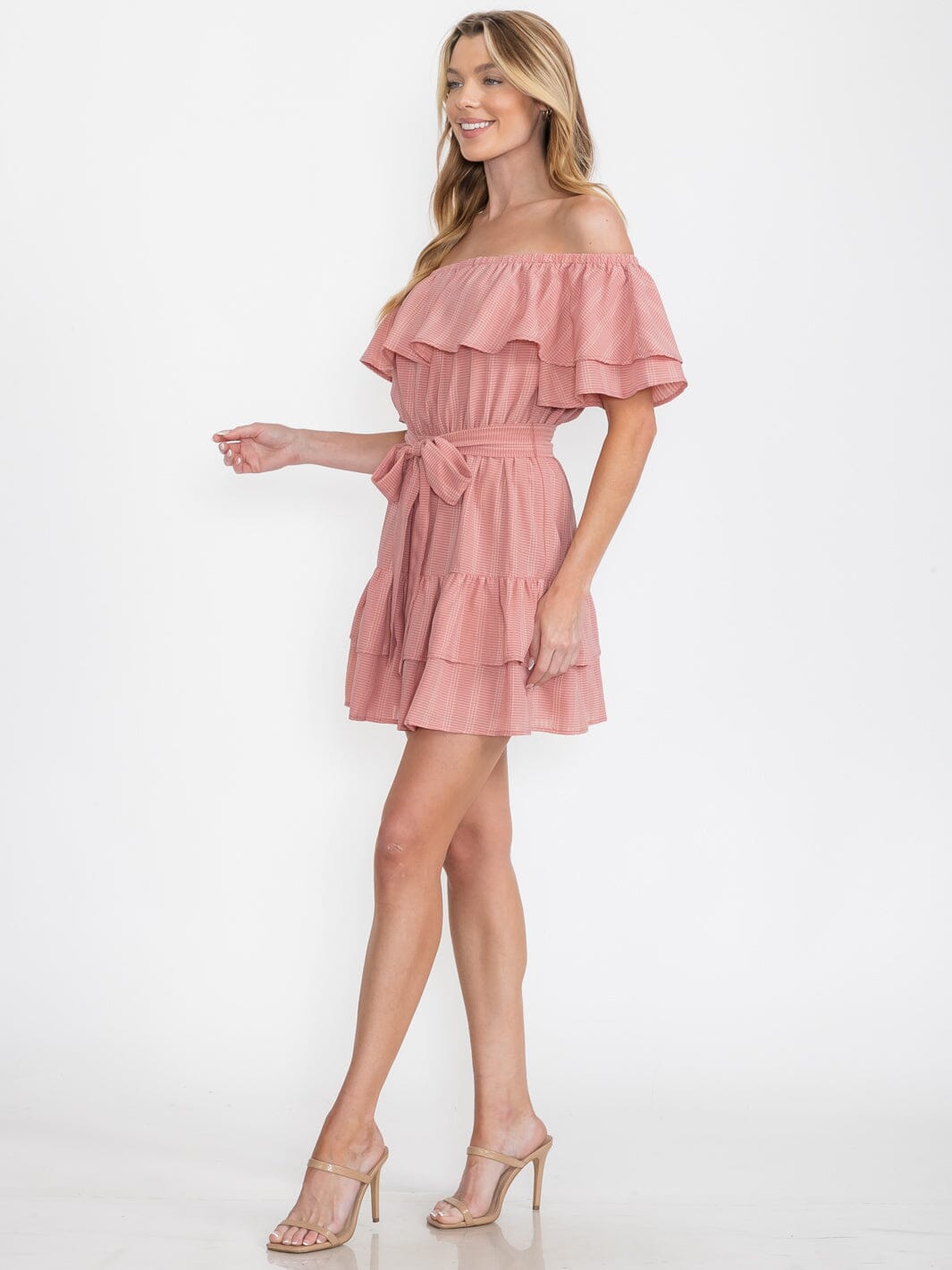 WOMEN'S OFF SHOULDER RUFFLE SELF TIE MINI DRESS
