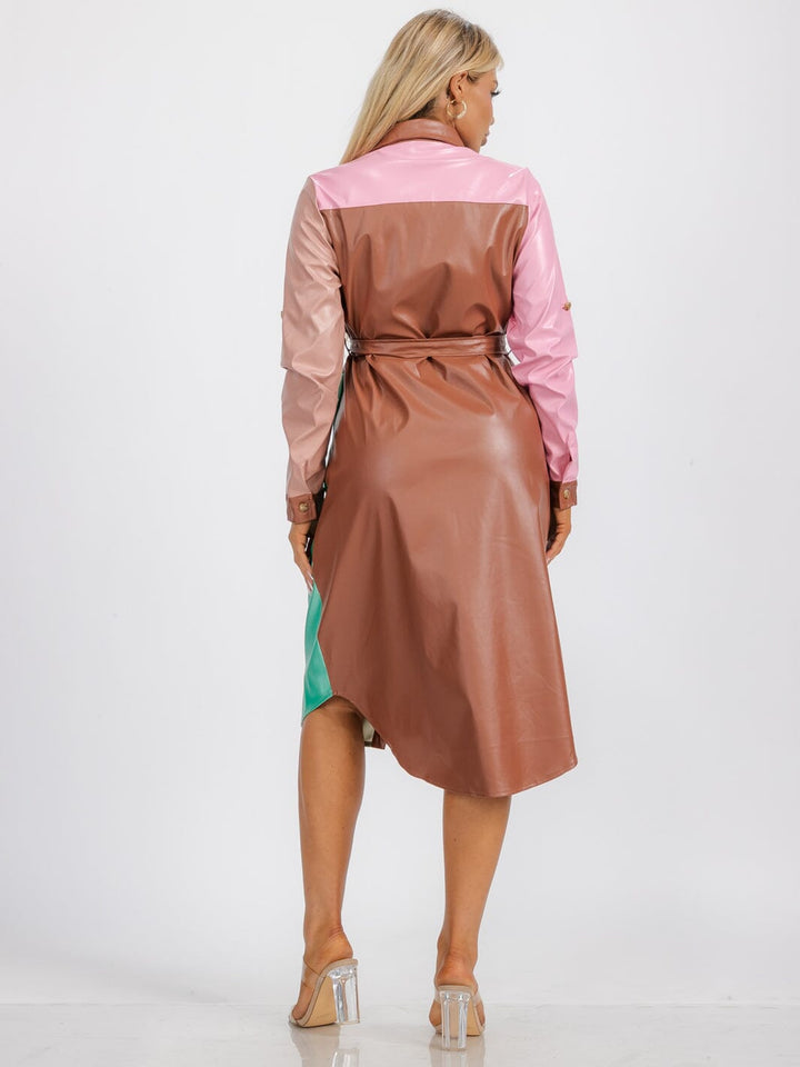 WOMEN'S LONG SLEEVE BUTTON UP COLORBLOCK PU PLEATHER MIDI DRESS