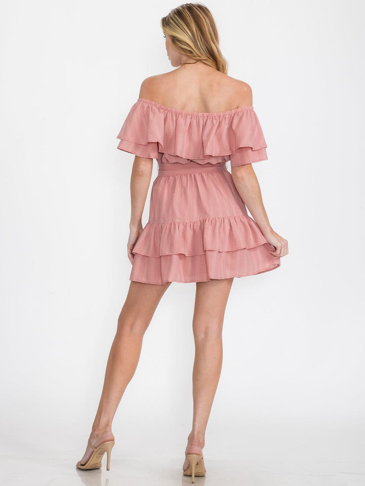 WOMEN'S OFF SHOULDER RUFFLE SELF TIE MINI DRESS