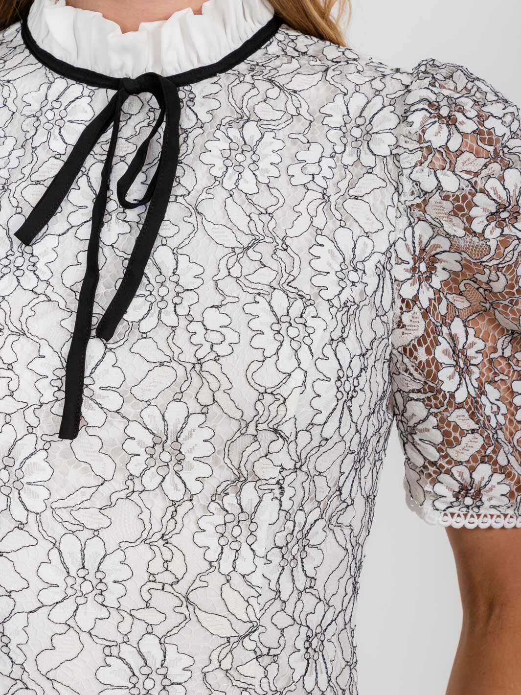 WOMEN'S SHORT PUFF SLEEVE MOCK NECK LACE DETAILED MINI DRESS