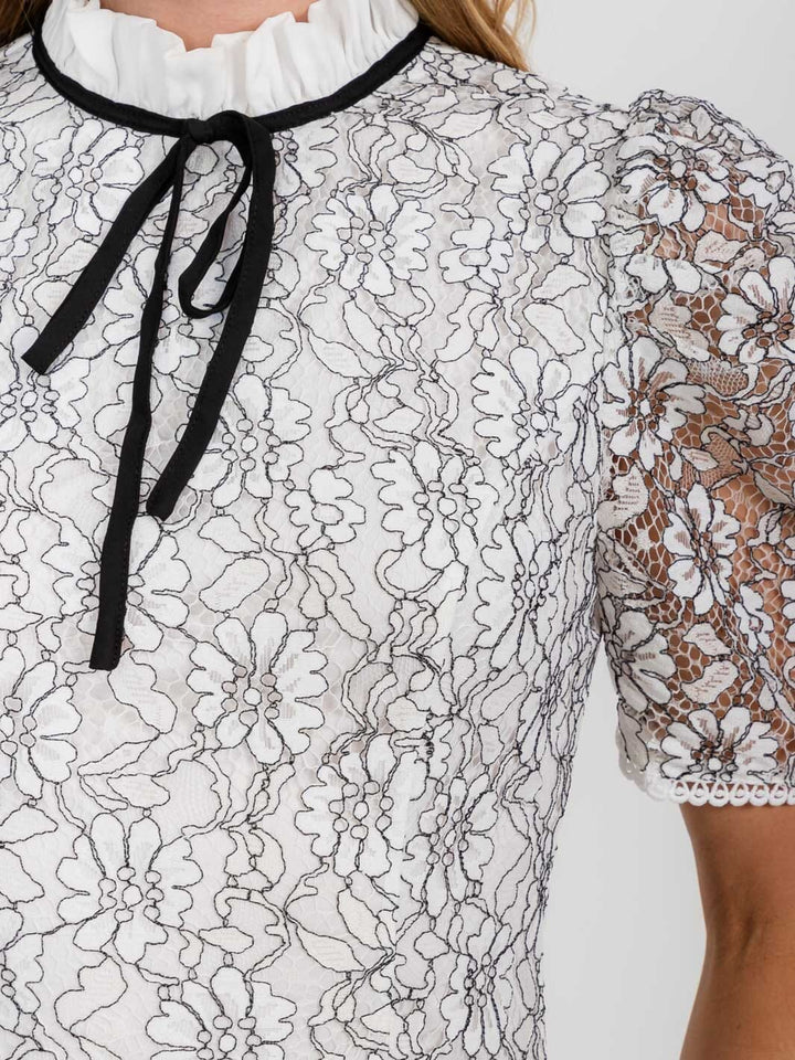 WOMEN'S SHORT PUFF SLEEVE MOCK NECK LACE DETAILED MINI DRESS