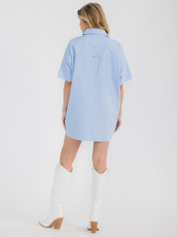 WOMEN'S SHORT SLEEVE BUTTON UP FRONT POCKETS TUNIC MINI DRESS