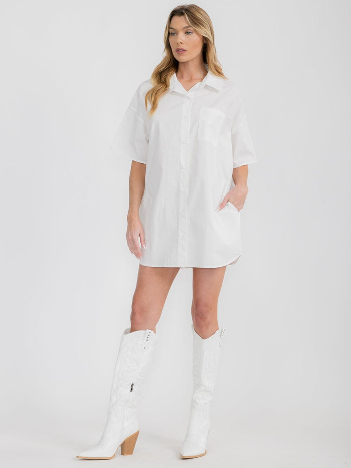 WOMEN'S SHORT SLEEVE BUTTON UP FRONT POCKETS TUNIC MINI DRESS