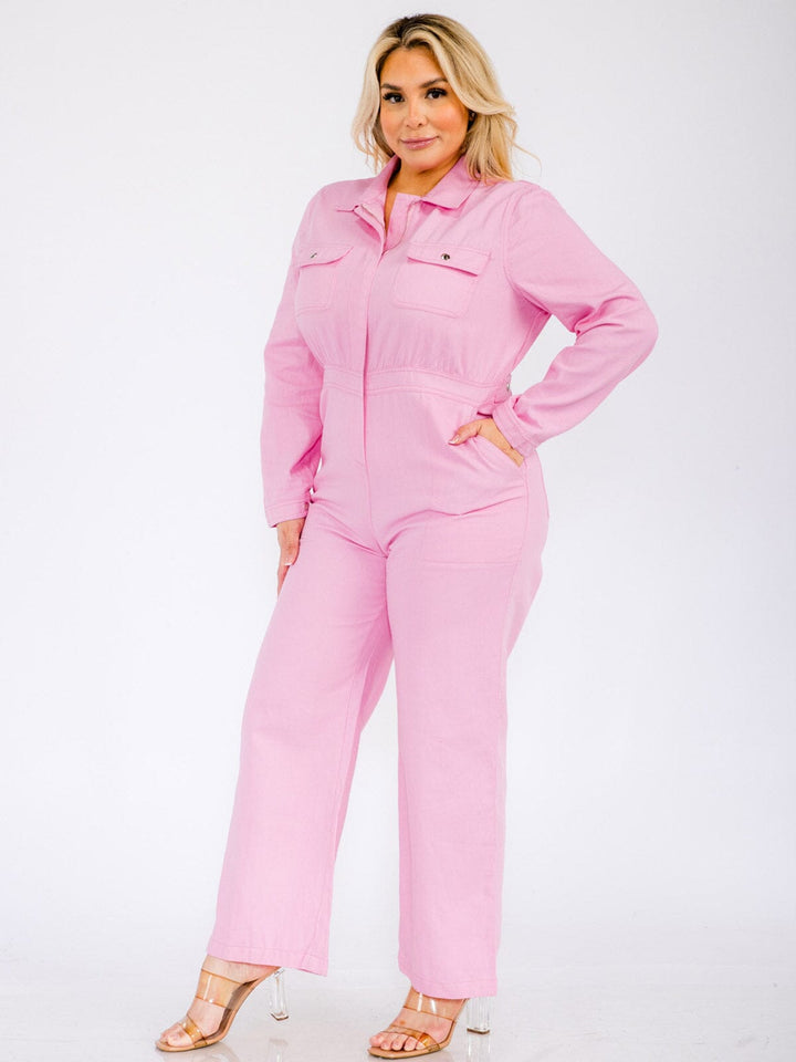 PLUS SIZE LONG SLEEVES ZIP UP POCKETS WIDE LEG DENIM JUMPSUIT