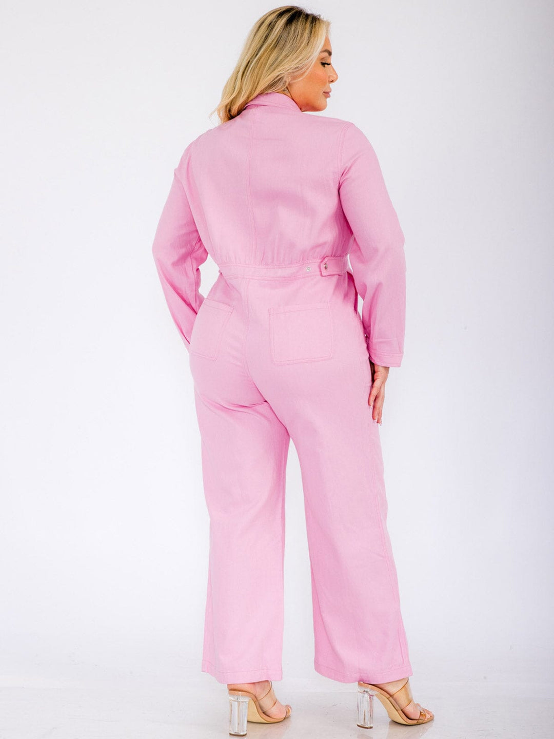 PLUS SIZE LONG SLEEVES ZIP UP POCKETS WIDE LEG DENIM JUMPSUIT