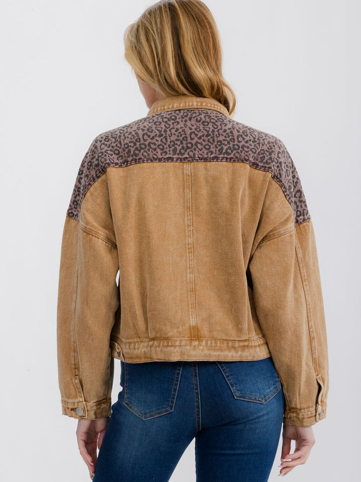 WOMEN'S LONG SLEEVE BUTTON UP ANIMAL PRINT CONTRAST DENIM JACKET
