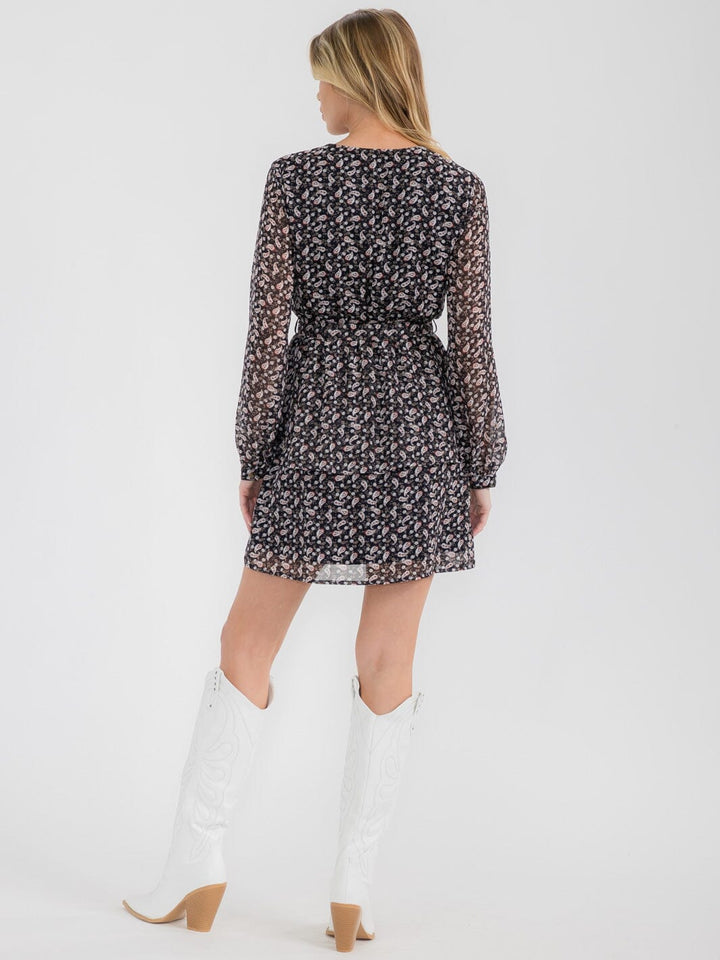 WOMEN'S LONG SLEEVE SURPLICE RUFFLE PAISLEY PRINT MINI DRESS