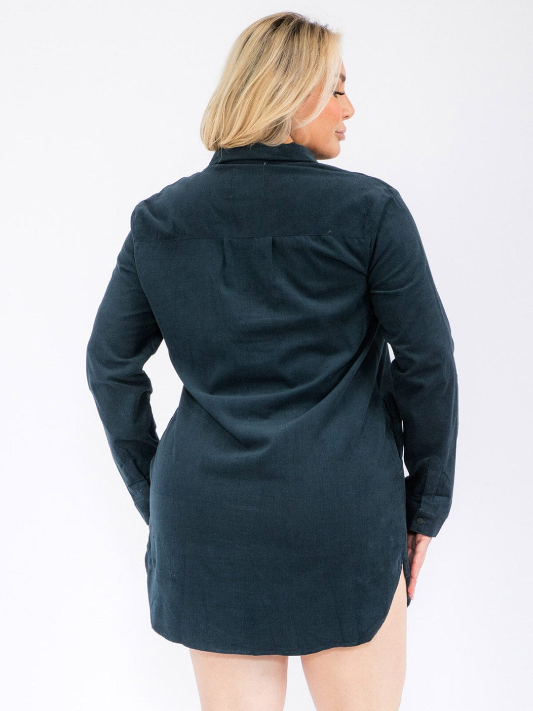 PLUS SIZE LONG SLEEVE BUTTON UP FRONT POCKETS MINI DRESS