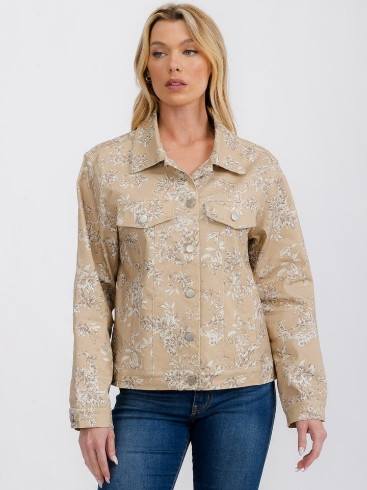WOMEN'S LONG SLEEVE FRONT POCKETS BUTTON CLOSURE FLORAL DENIM JACKET