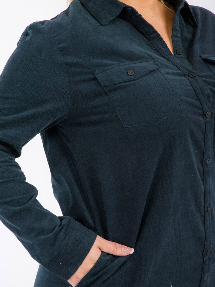 PLUS SIZE LONG SLEEVE BUTTON UP FRONT POCKETS MINI DRESS