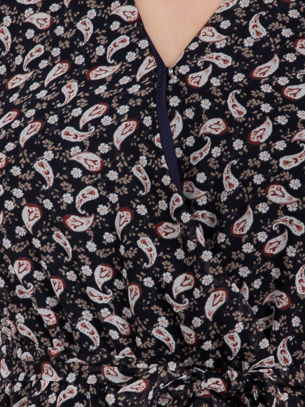 WOMEN'S LONG SLEEVE SURPLICE RUFFLE PAISLEY PRINT MINI DRESS