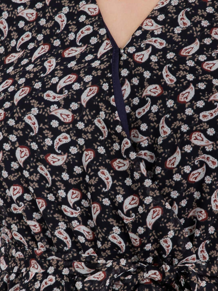 WOMEN'S LONG SLEEVE SURPLICE RUFFLE PAISLEY PRINT MINI DRESS