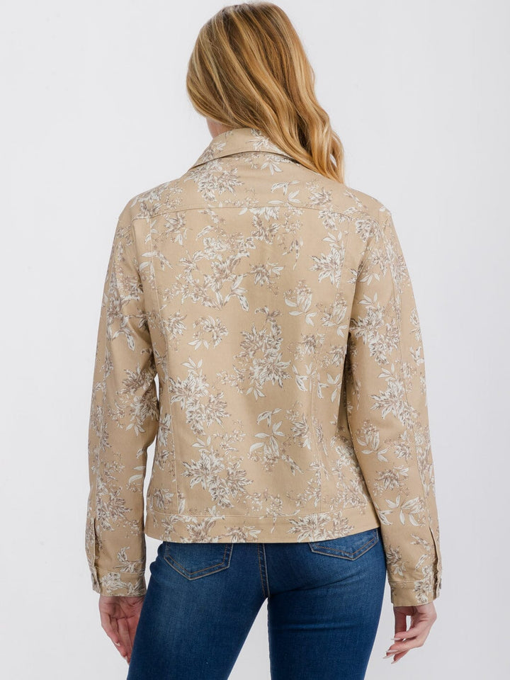WOMEN'S LONG SLEEVE FRONT POCKETS BUTTON CLOSURE FLORAL DENIM JACKET