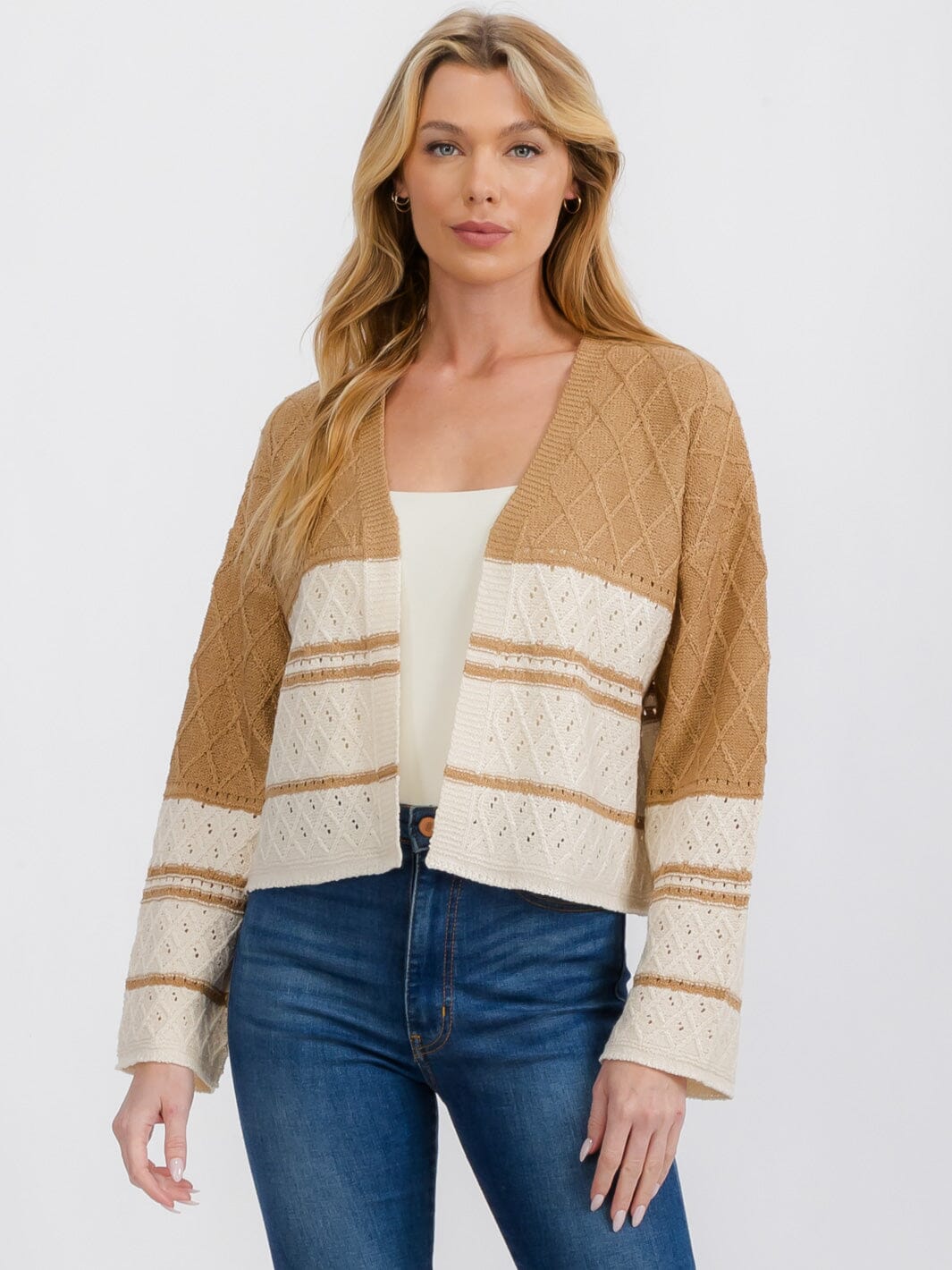 WOMEN'S LONG SLEEVE OPEN FRONT COLORBLOCK KNIT CARDIGAN