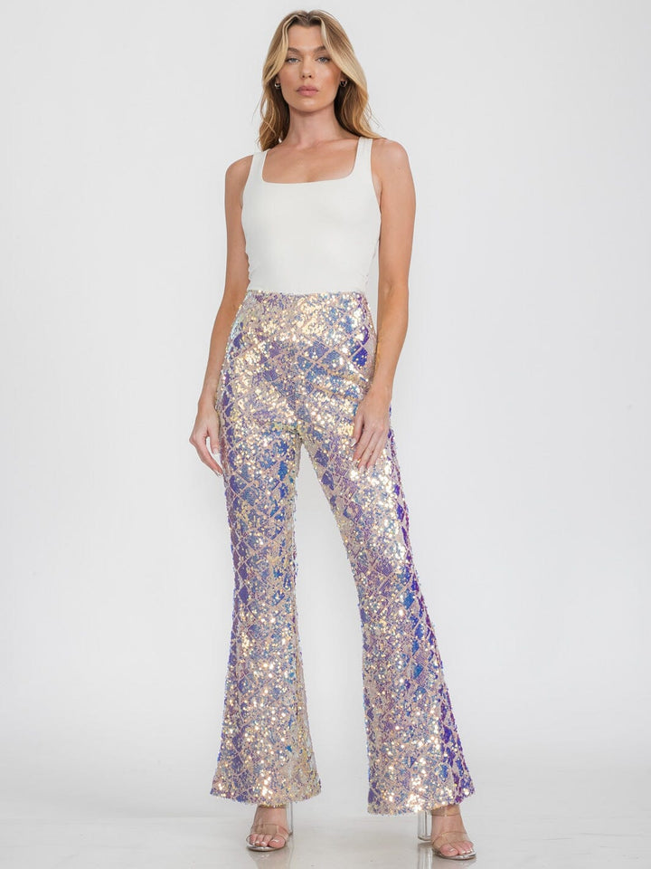 WOMEN'S ZIPPER CLOSURE SEQUINS BELL LEGS PANTS