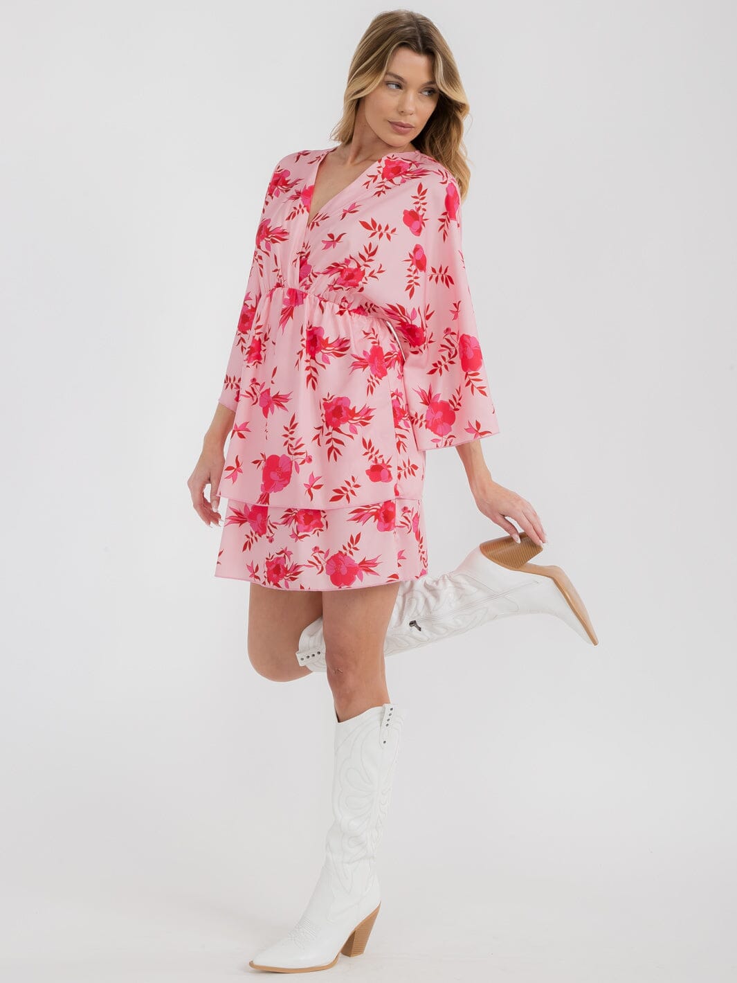 WOMEN'S 3/4 SLEEVESS SURPLICE FLORAL MINI DRESS