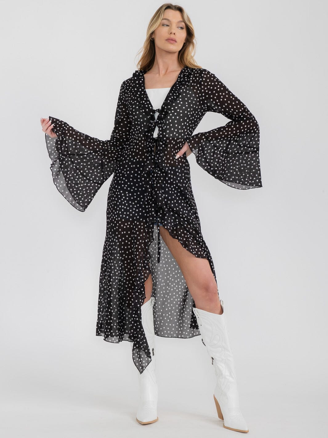 WOMEN'S LONG SLEEVE OPEN FRONT RUFFLE POLKA DOTS KIMONO