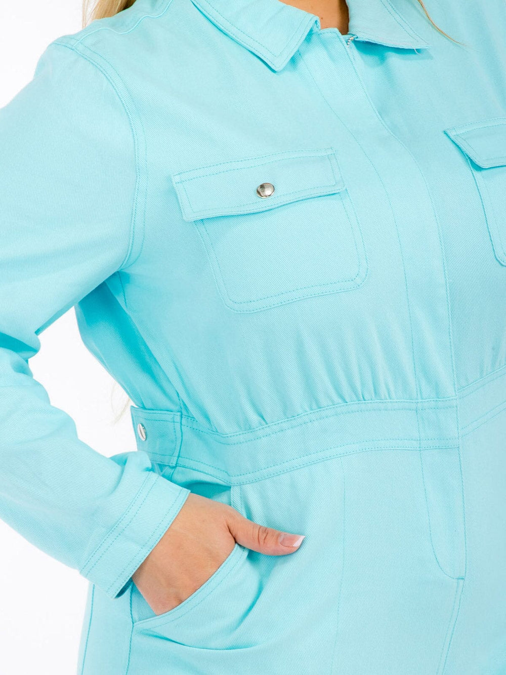 PLUS SIZE LONG SLEEVES ZIP UP POCKETS WIDE LEG DENIM JUMPSUIT