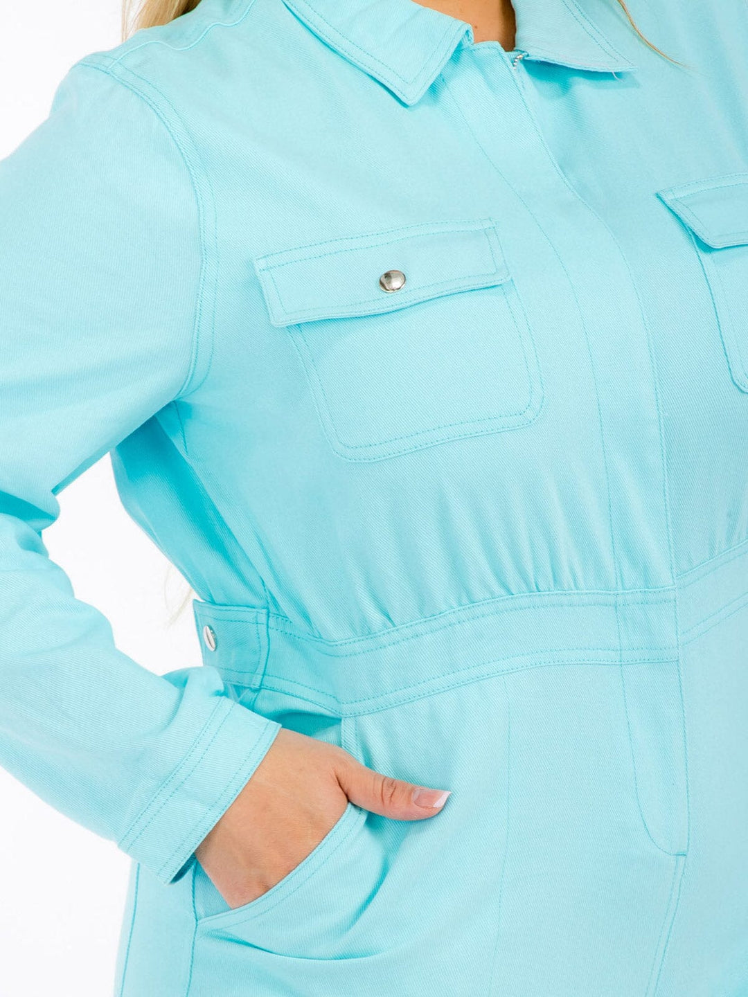 PLUS SIZE LONG SLEEVES ZIP UP POCKETS WIDE LEG DENIM JUMPSUIT