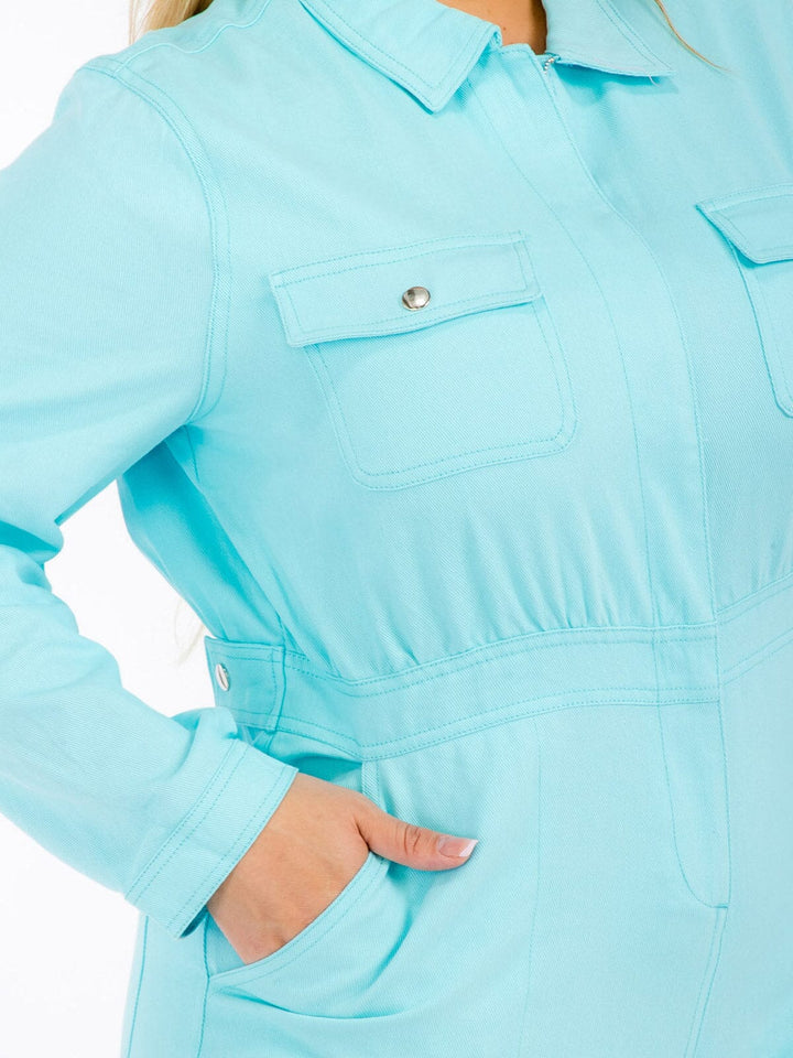 PLUS SIZE LONG SLEEVES ZIP UP POCKETS WIDE LEG DENIM JUMPSUIT