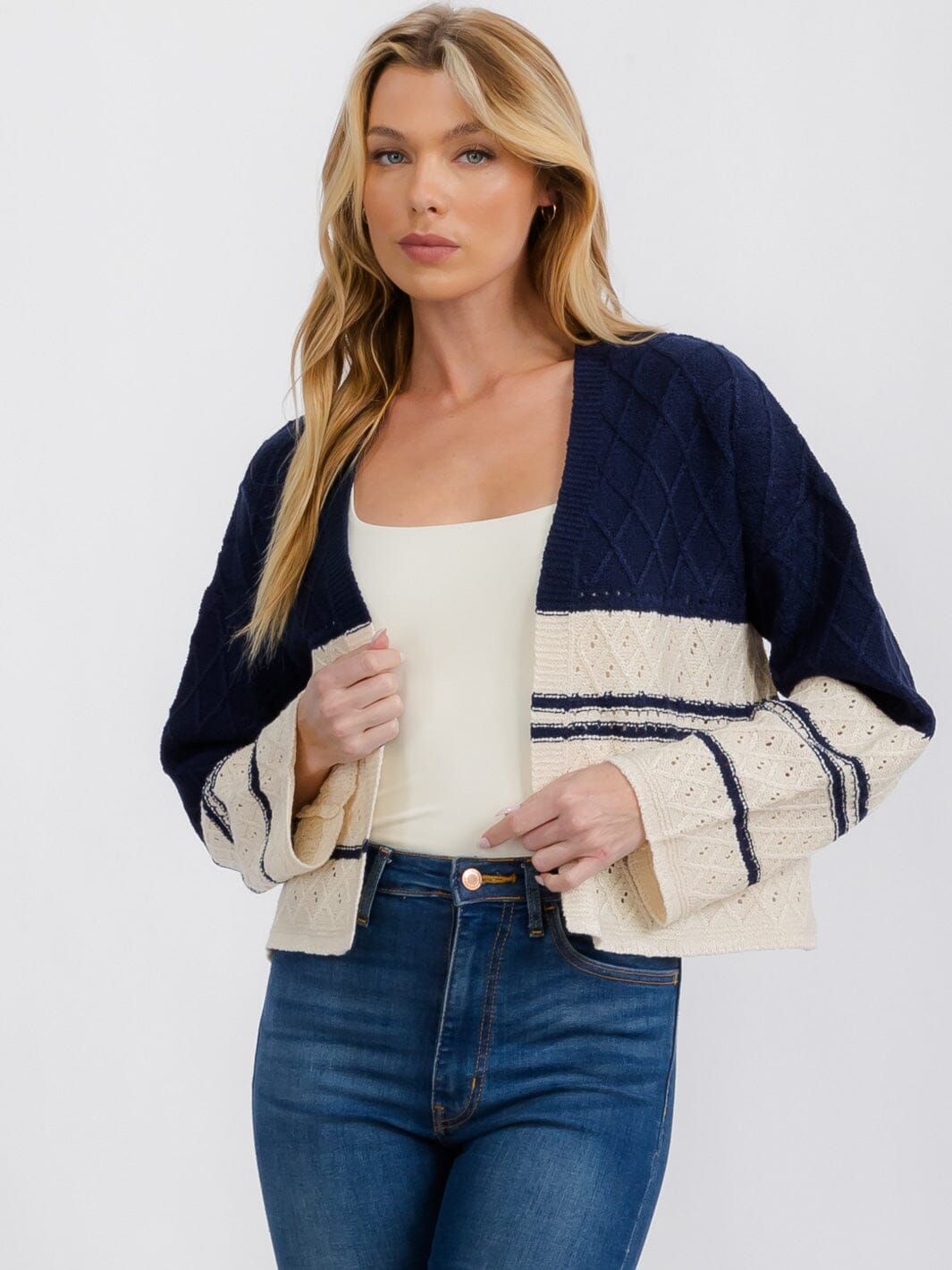 WOMEN'S LONG SLEEVE OPEN FRONT COLORBLOCK KNIT CARDIGAN