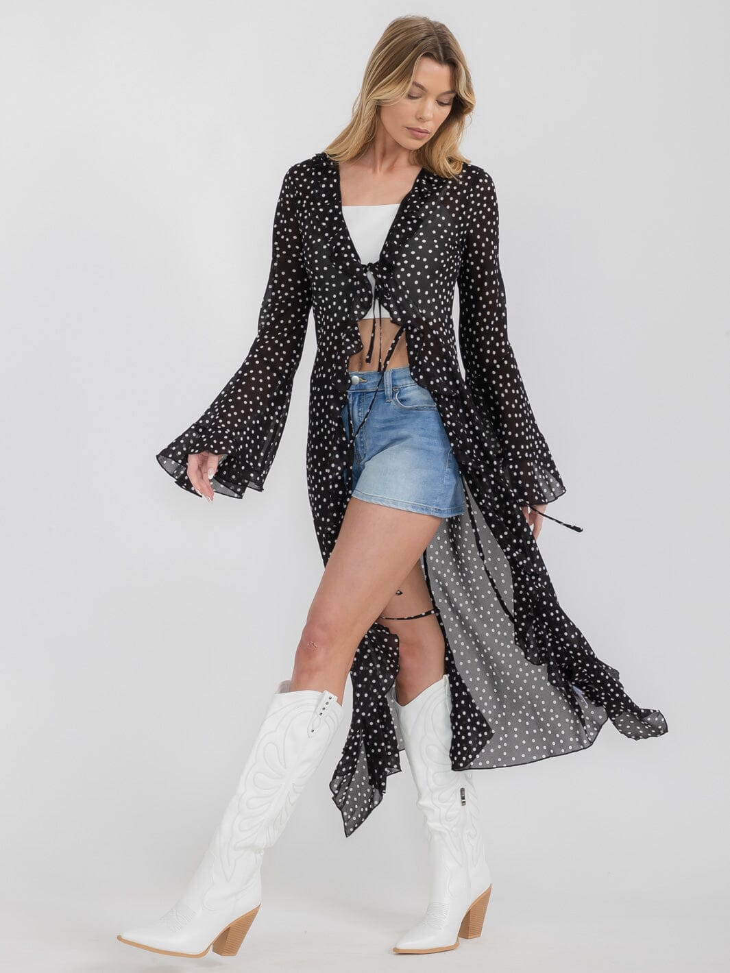 WOMEN'S LONG SLEEVE OPEN FRONT RUFFLE POLKA DOTS KIMONO