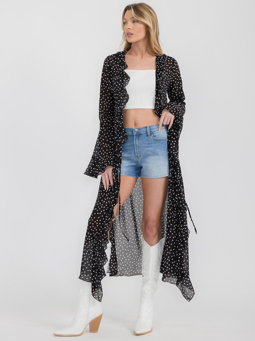 WOMEN'S LONG SLEEVE OPEN FRONT RUFFLE POLKA DOTS KIMONO