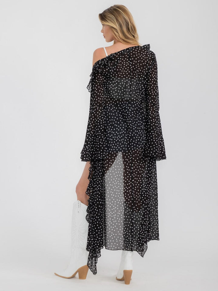 WOMEN'S LONG SLEEVE OPEN FRONT RUFFLE POLKA DOTS KIMONO