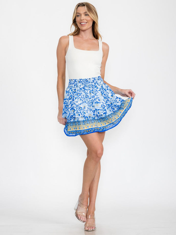 WOMEN'S ELASTIC WAIST RUFFLE FLORAL TIERED MINI SKIRT