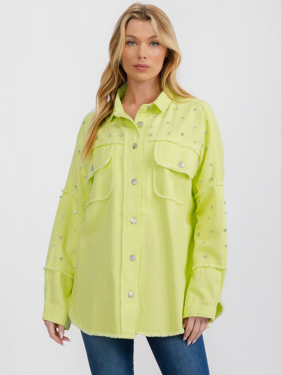 WOMEN'S LONG SLEEVE BUTTON UP FRONT POCKETS STUDS DETAILED SHACKET