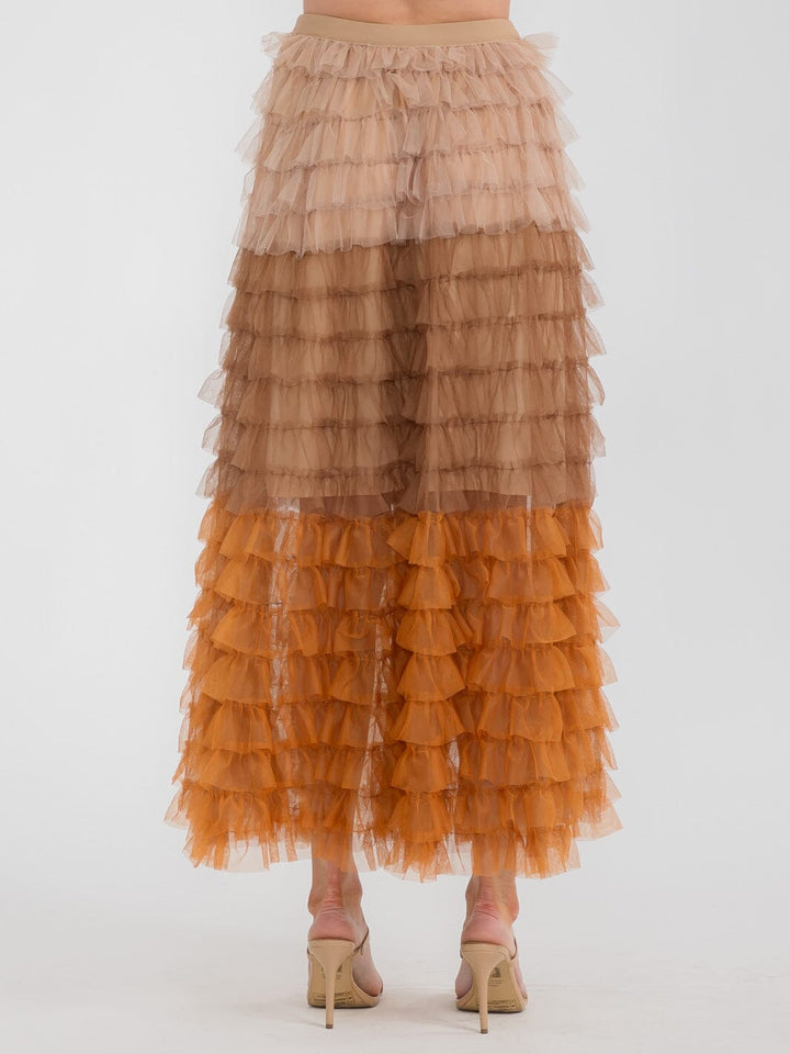 WOMEN'S ELASTIC WAIST TIERED RUFFLE COLORBLOCK MAXI SKIRT