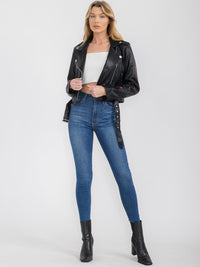 WOMEN'S LONG SLEEVE BUTTON CLOSURE FRONT POCKET PU PLEATHER JACKET