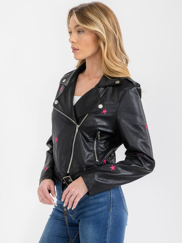 WOMEN'S LONG SLEEVE BUTTON CLOSURE FRONT POCKET PU PLEATHER JACKET