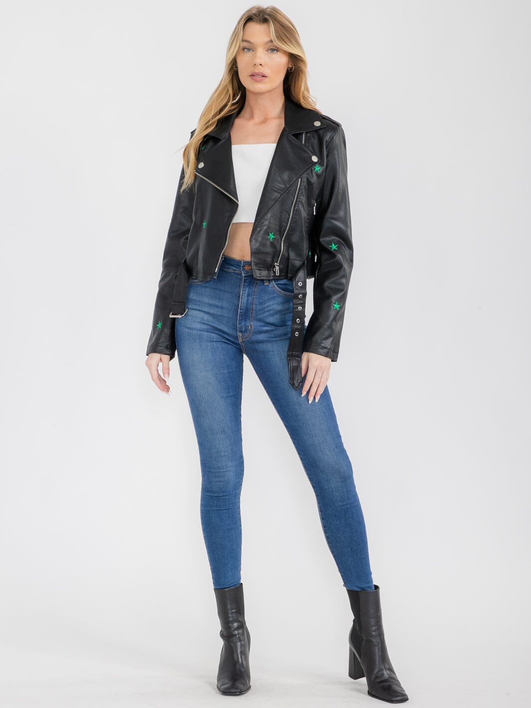 WOMEN'S LONG SLEEVE BUTTON CLOSURE FRONT POCKET PU PLEATHER JACKET