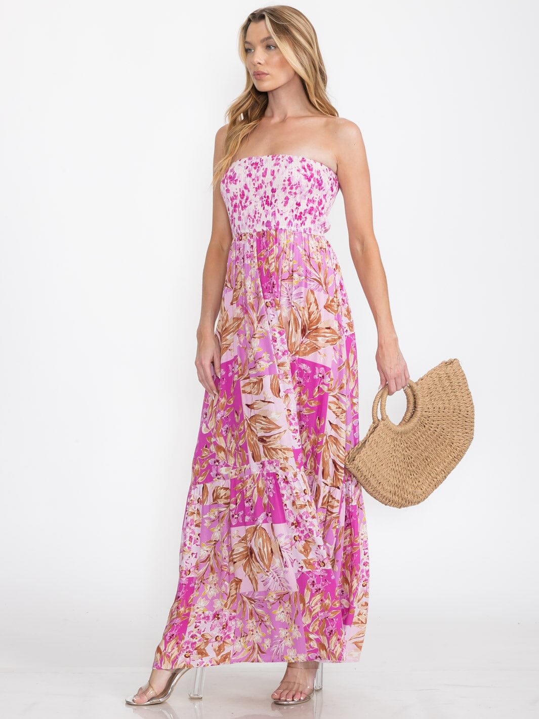 WOMEN'S SLEEVELESS SMOCK TIERED FLORAL MAXI DRESS