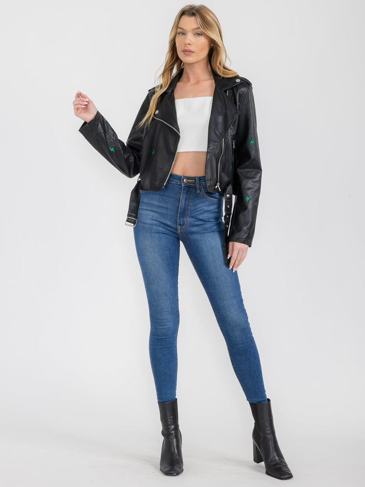 WOMEN'S LONG SLEEVE BUTTON CLOSURE FRONT POCKET PU PLEATHER JACKET