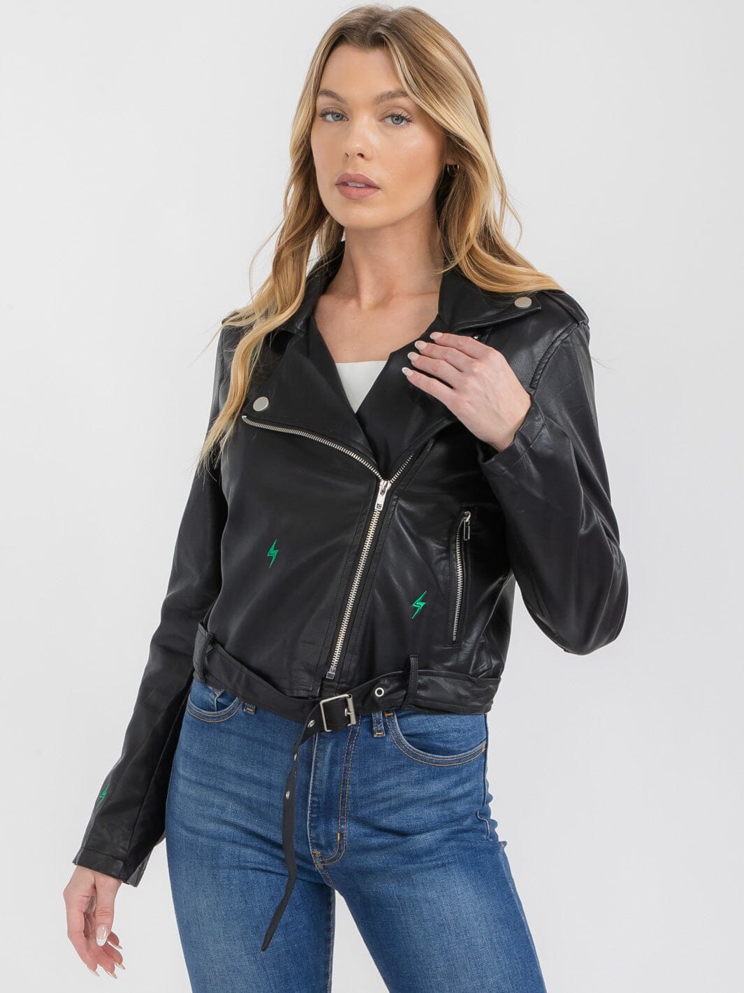 WOMEN'S LONG SLEEVE BUTTON CLOSURE FRONT POCKET PU PLEATHER JACKET