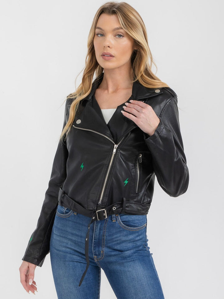 WOMEN'S LONG SLEEVE BUTTON CLOSURE FRONT POCKET PU PLEATHER JACKET