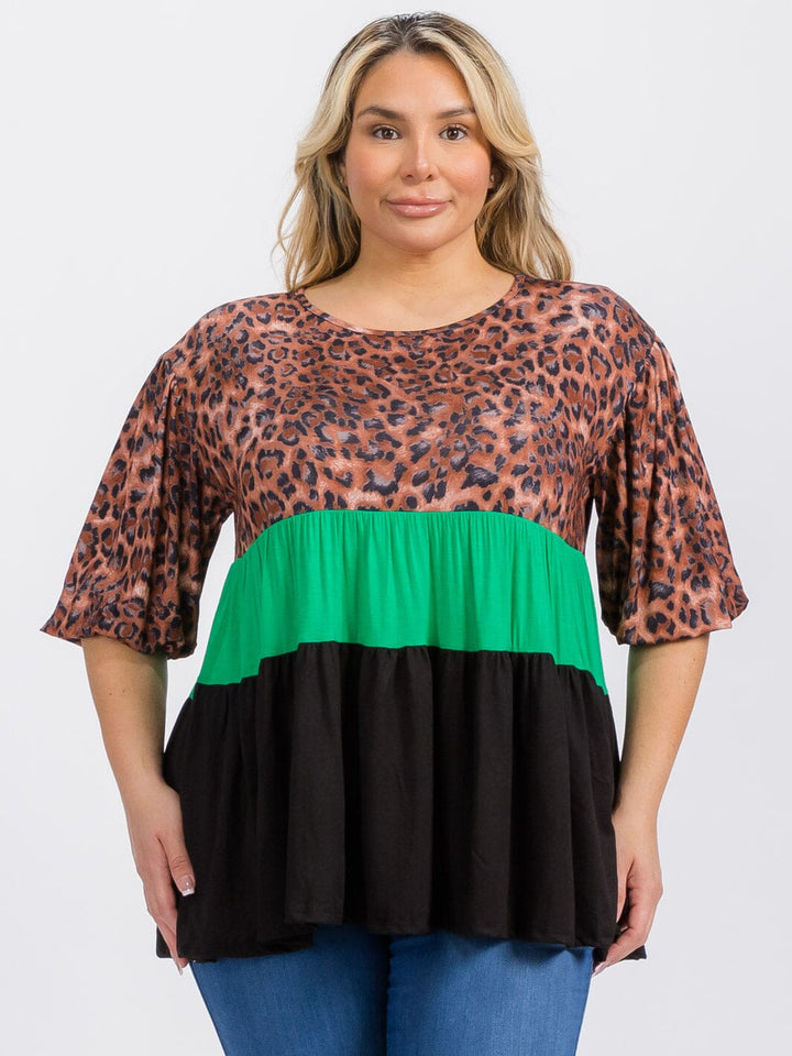 PLUS SIZE SHORT SLEEVE TUNIC ANIMAL PRINT COLORBLOCK TOP