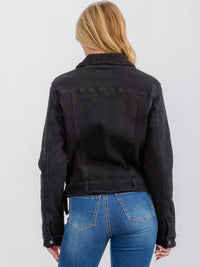 WOMEN'S LONG SLEEVE POCKETS BUTTON CLOSURE SHERPA DENIM JACKET