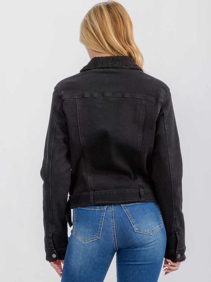 WOMEN'S LONG SLEEVE POCKETS BUTTON CLOSURE SHERPA DENIM JACKET