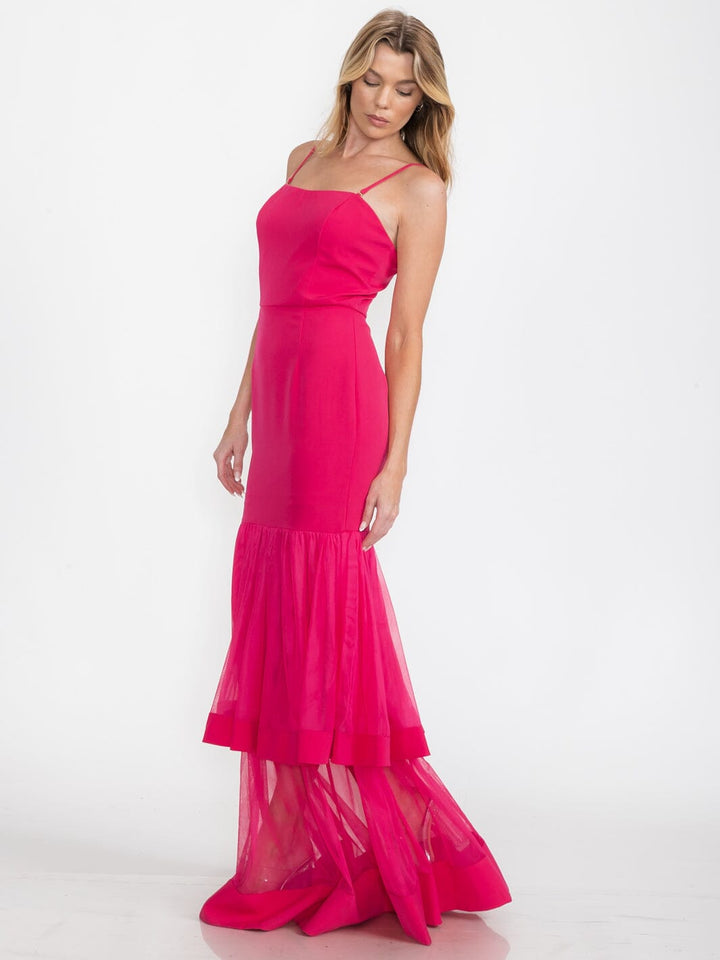 WOMEN'S SLEEVELESS BODYCON TIERED RUFFLE MAXI GOWN DRESS