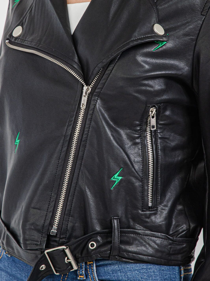 WOMEN'S LONG SLEEVE BUTTON CLOSURE FRONT POCKET PU PLEATHER JACKET