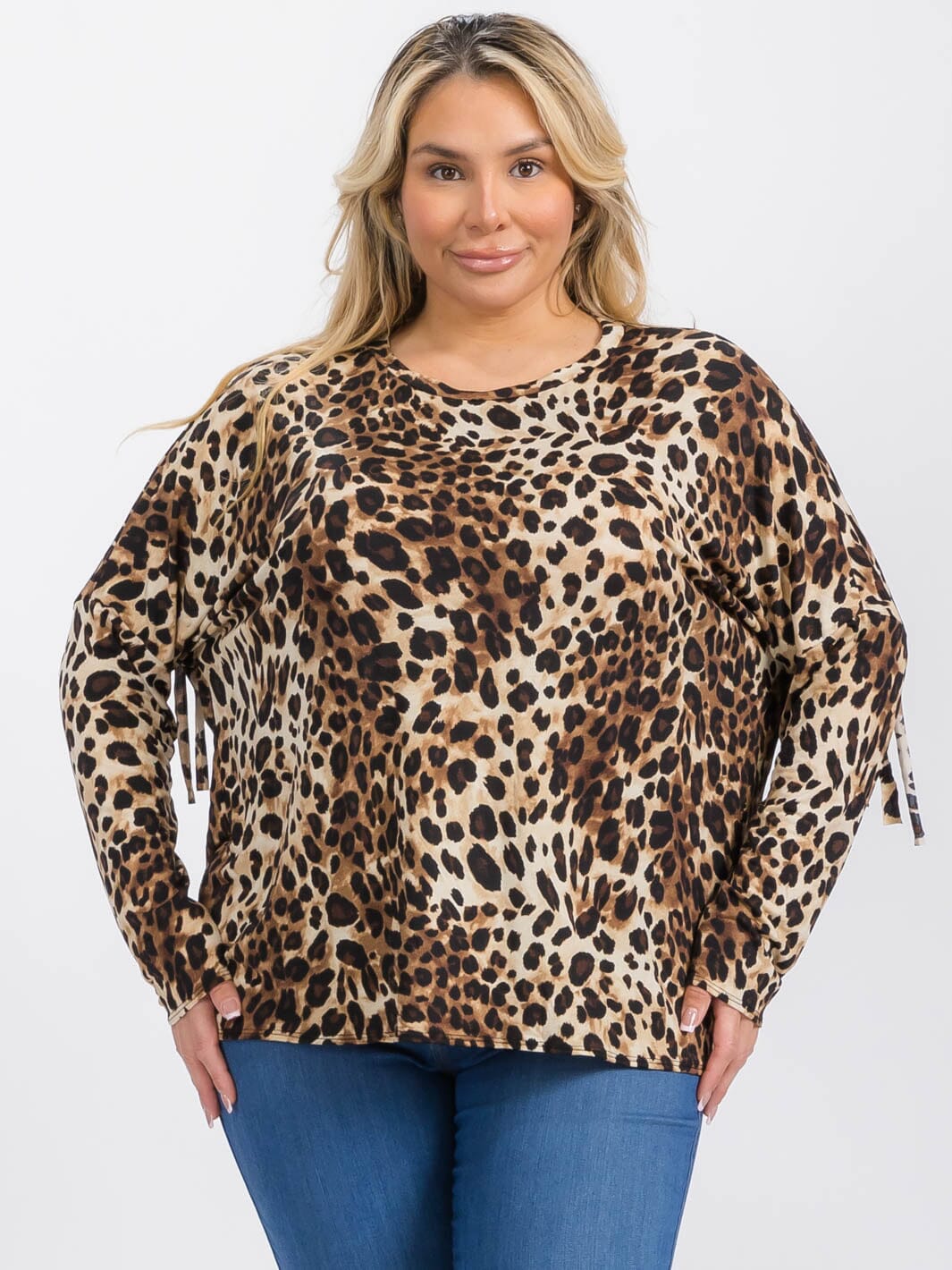 PLUS SIZE LONG SLEEVE FRINGE ANIMAL PRINT BLOUSE TOP