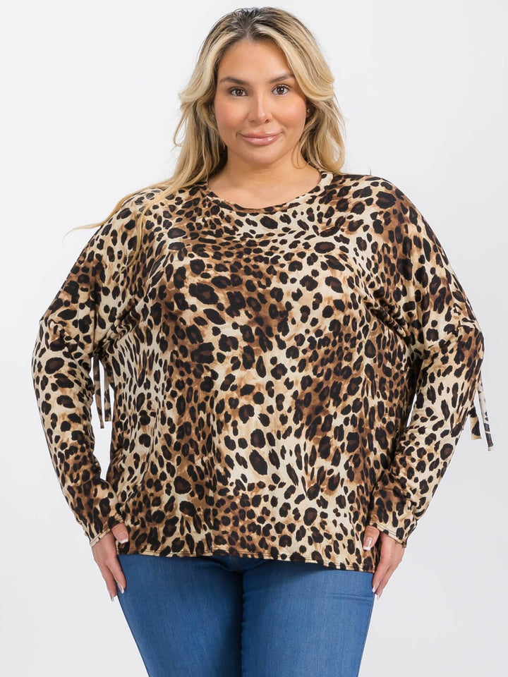 PLUS SIZE LONG SLEEVE FRINGE ANIMAL PRINT BLOUSE TOP