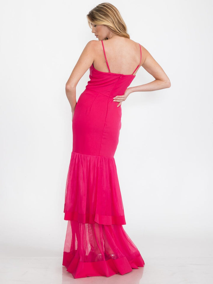 WOMEN'S SLEEVELESS BODYCON TIERED RUFFLE MAXI GOWN DRESS