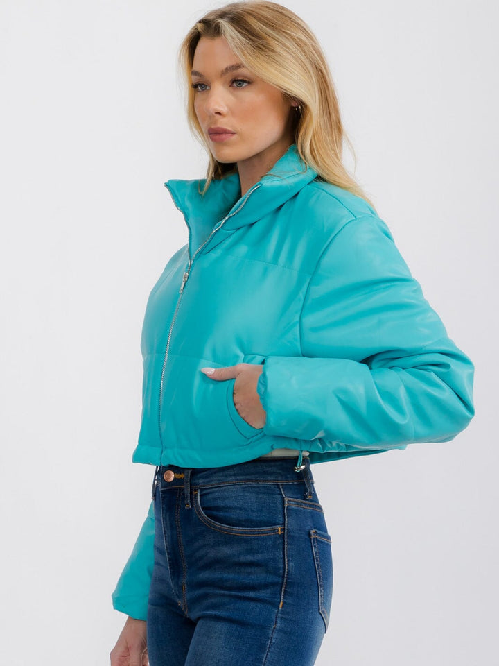 WOMEN'S LONG SLEEVE ZIP UP FRONT POCKETS PU PLEATHER PUFFER JACKET
