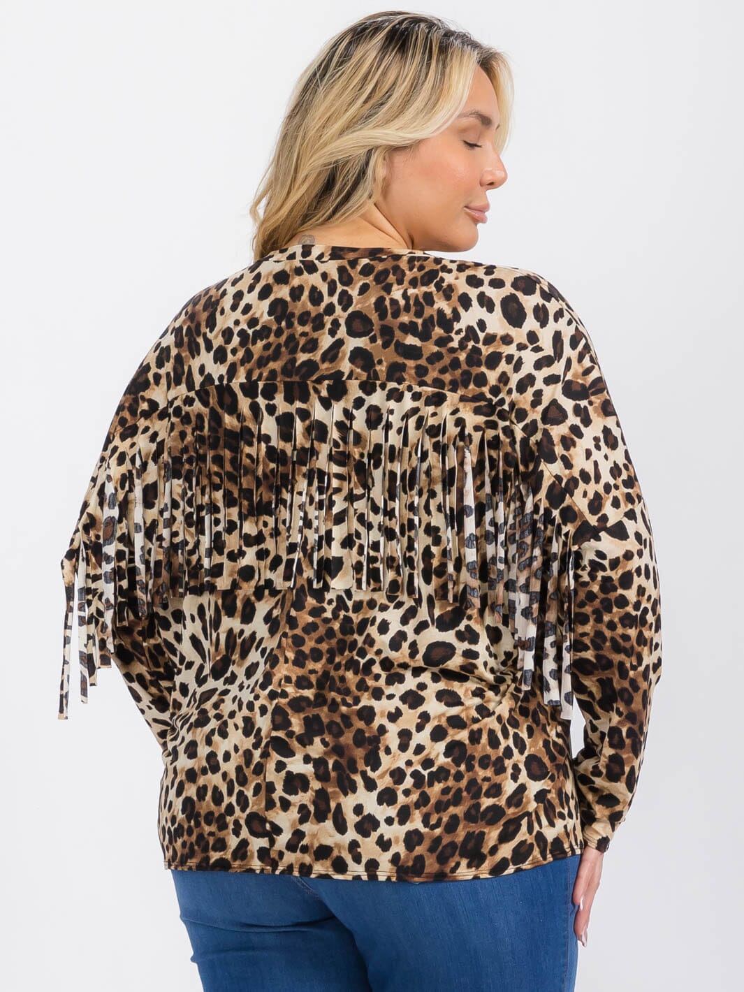 PLUS SIZE LONG SLEEVE FRINGE ANIMAL PRINT BLOUSE TOP