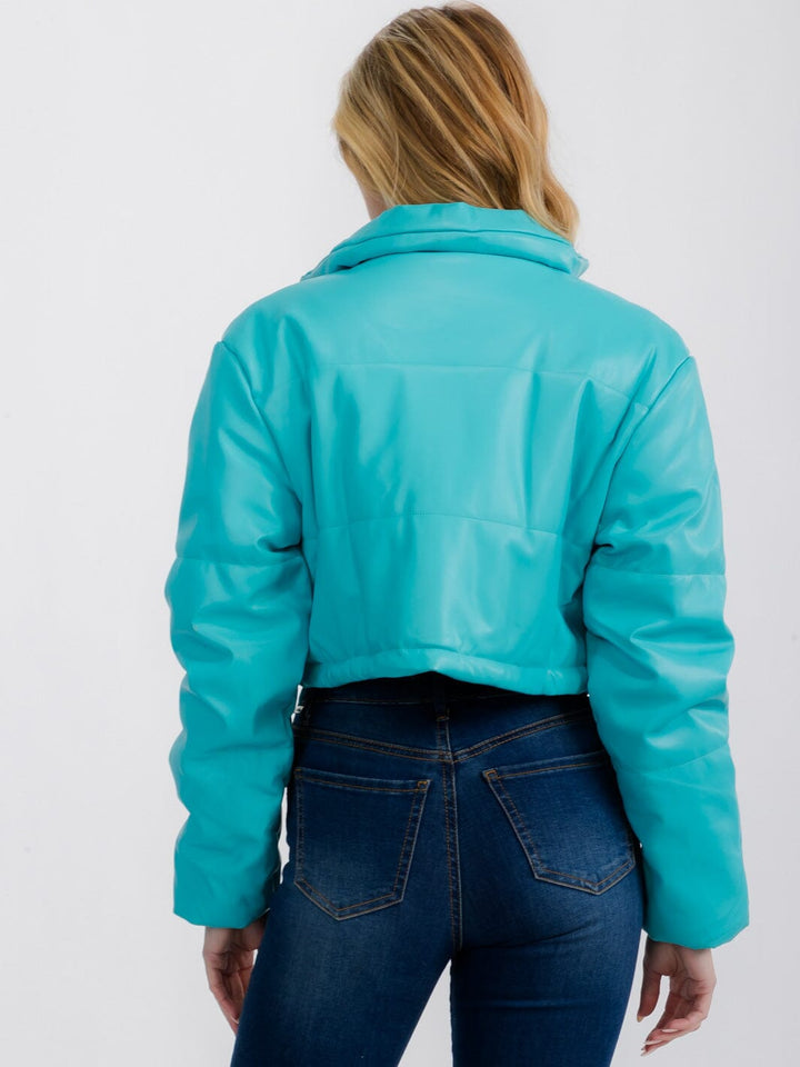 WOMEN'S LONG SLEEVE ZIP UP FRONT POCKETS PU PLEATHER PUFFER JACKET