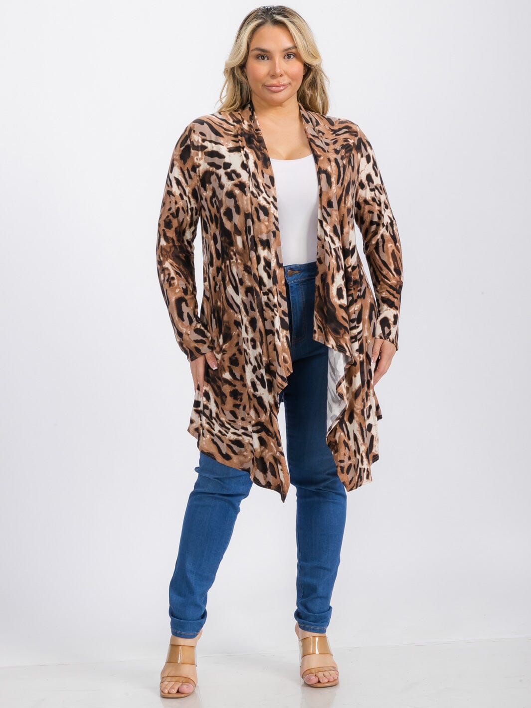 PLUS SIZE LONG SLEEVE OPEN FRONT ELBOW PATCH ANIMAL PRINT CARDIGAN